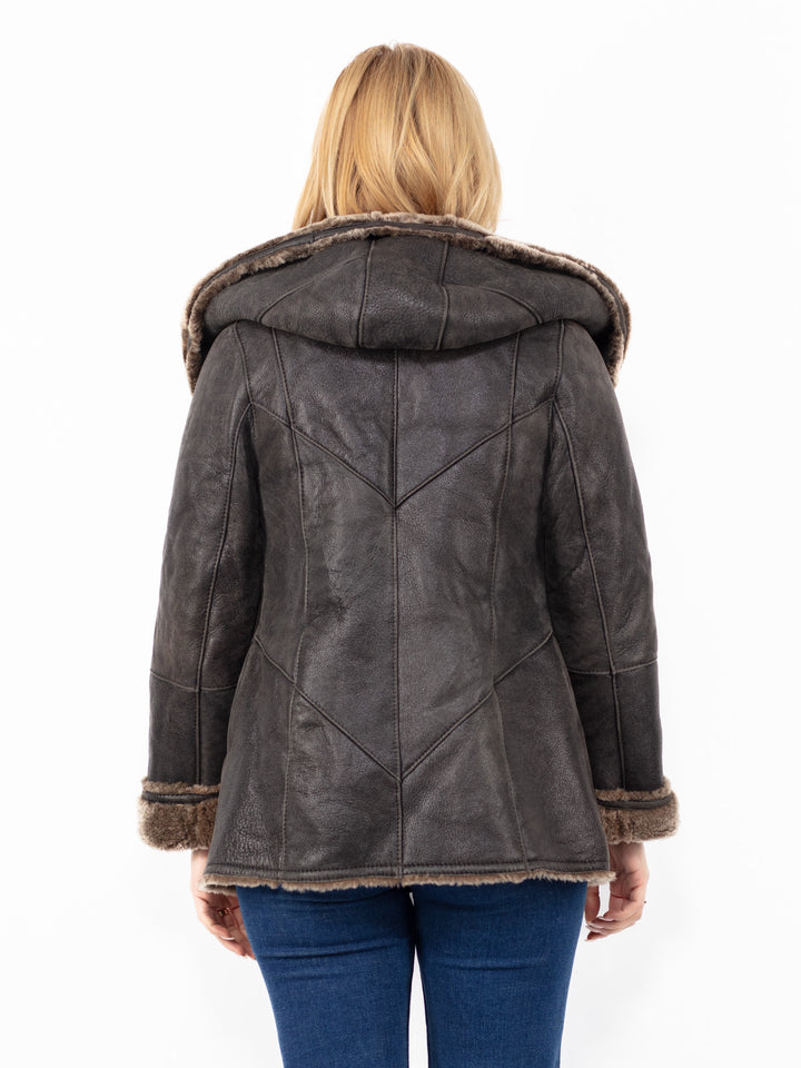 Vintage 90's Hooded Penny Lane Sheepskin Jacket in Dark Brown