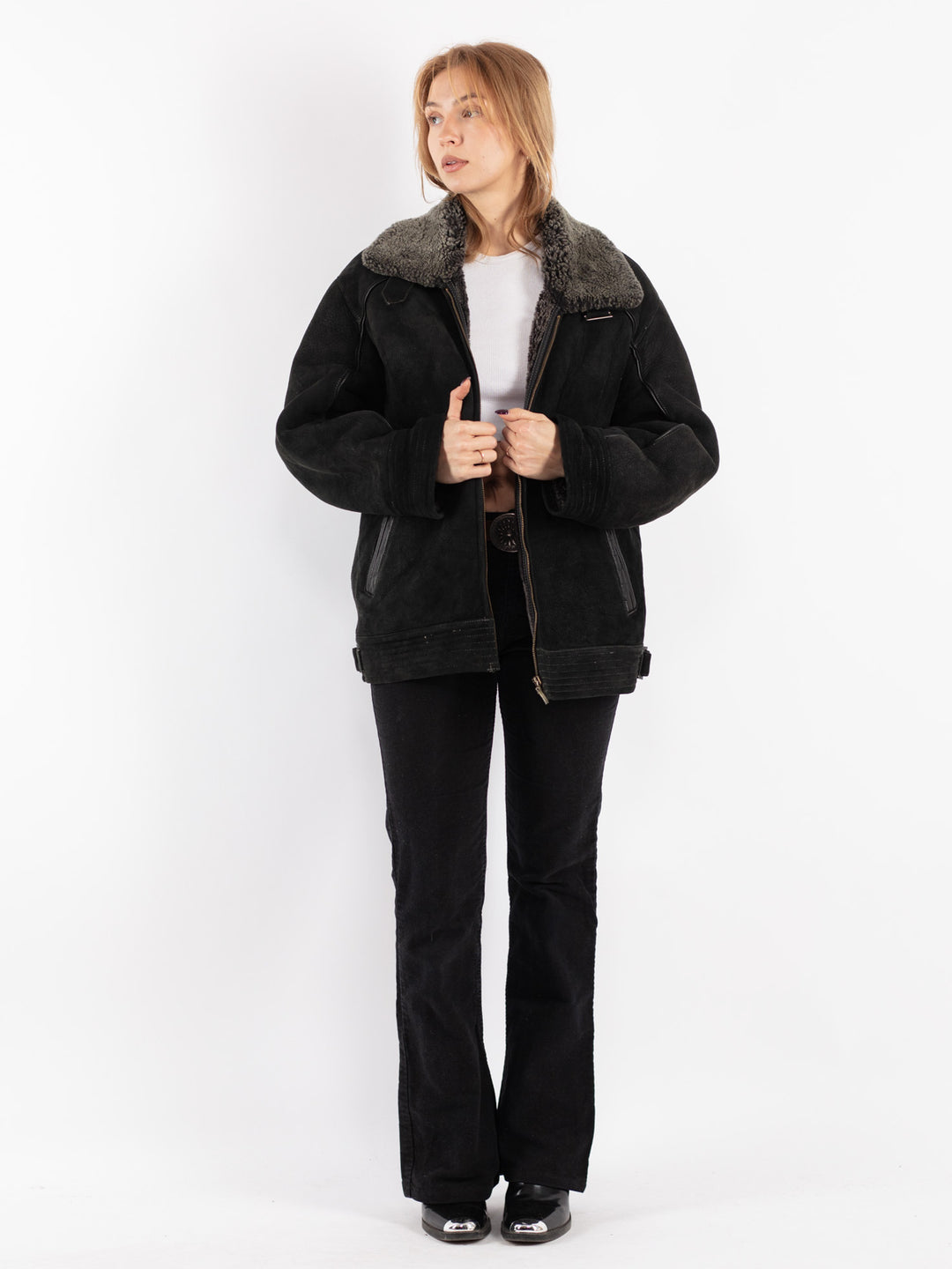 Vintage 90's Women Sheepskin Jacket in Black