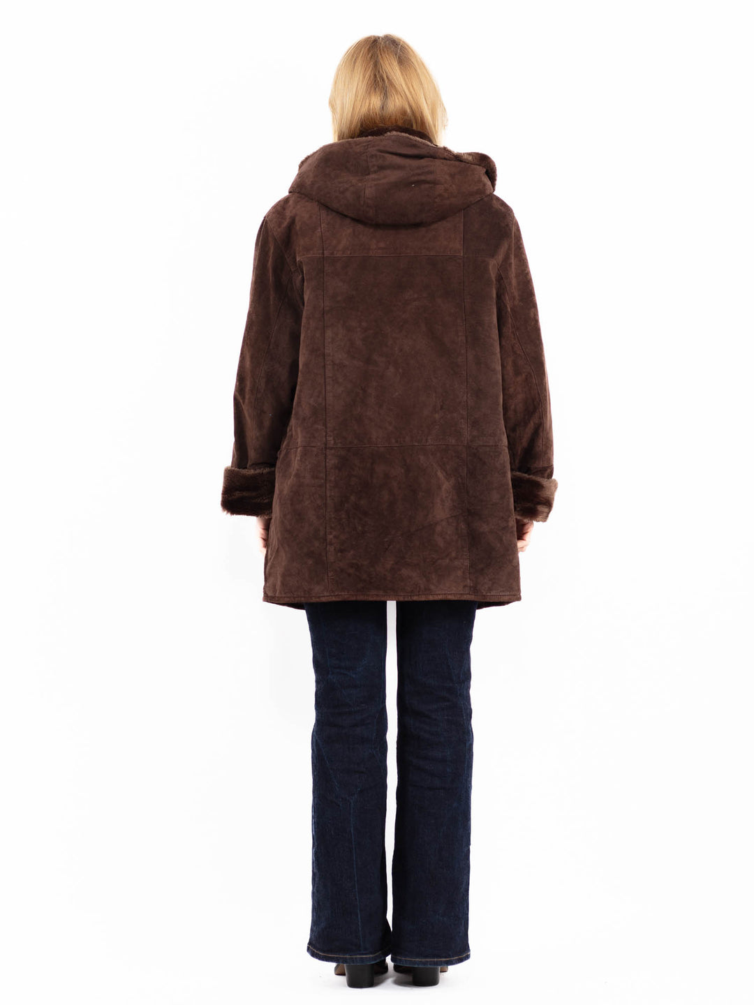 Vintage 90's Women Hooded Suede Sherpa Coat in Brown