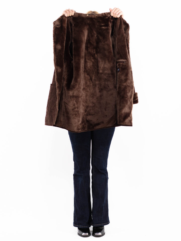 Vintage 90's Women Hooded Suede Sherpa Coat in Brown