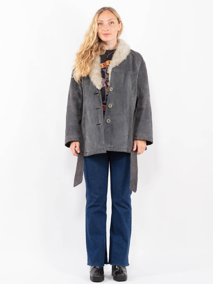 Vintage 70's Women Suede Sherpa Coat in GrayA0352