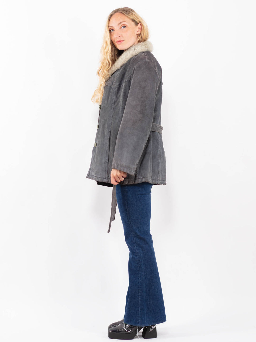 Vintage 70's Women Suede Sherpa Coat in GrayA0352