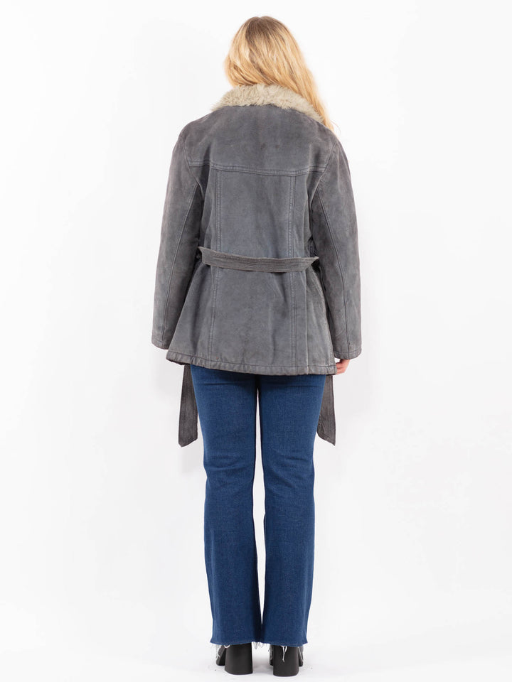 Vintage 70's Women Suede Sherpa Coat in GrayA0352