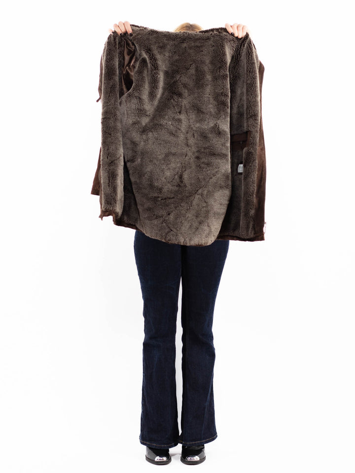 Vintage 90's Women Hooded Suede Sherpa Coat in Brown