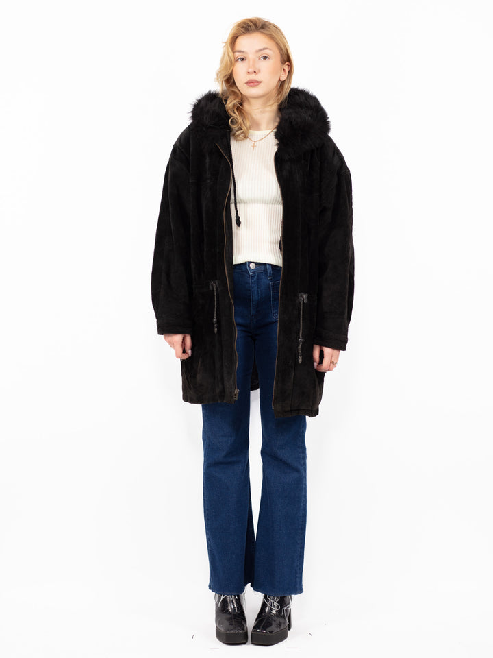 Vintage 90's Women Hooded Suede Coat in Black