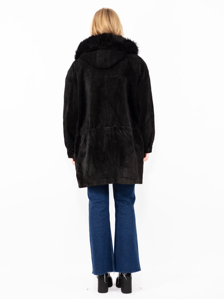 Vintage 90's Women Hooded Suede Coat in Black