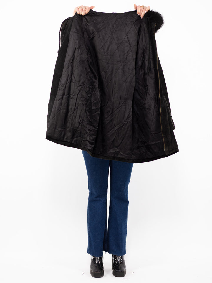Vintage 90's Women Hooded Suede Coat in Black