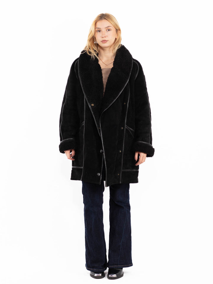 Vintage 90's Women Suede Sherpa Coat in Black