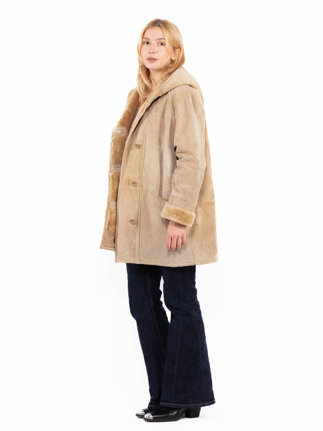 Vintage 90's Women Hooded Suede Sherpa Coat in Beige