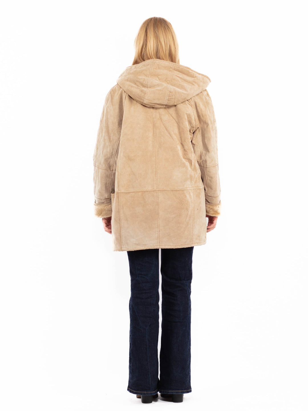 Vintage 90's Women Hooded Suede Sherpa Coat in Beige