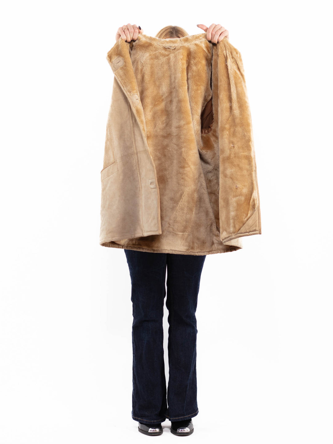 Vintage 90's Women Hooded Suede Sherpa Coat in Beige