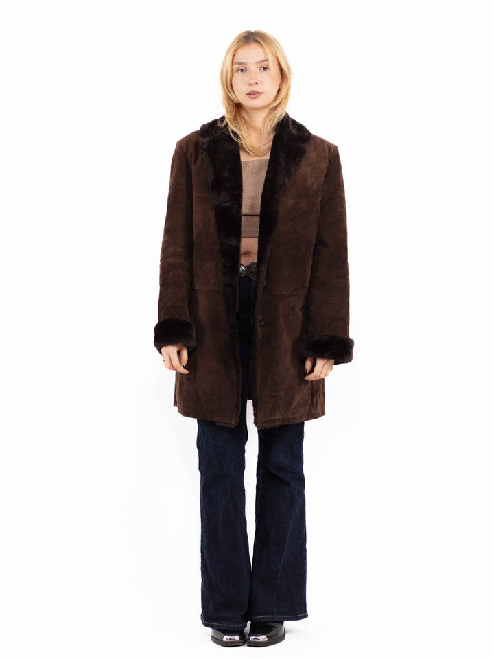 Vintage 90's Women Suede Sherpa Coat in Brown