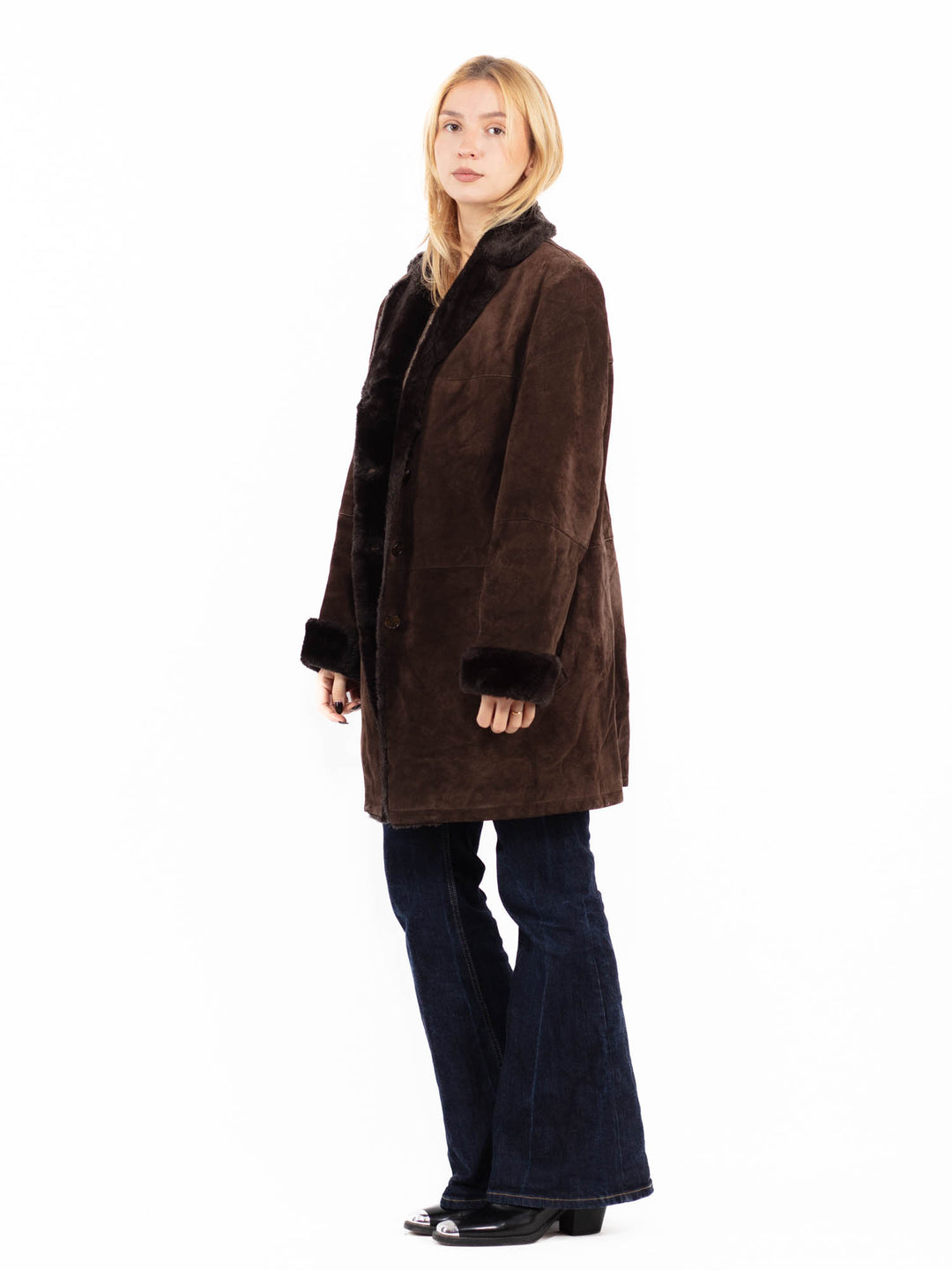 Vintage 90's Women Suede Sherpa Coat in Brown