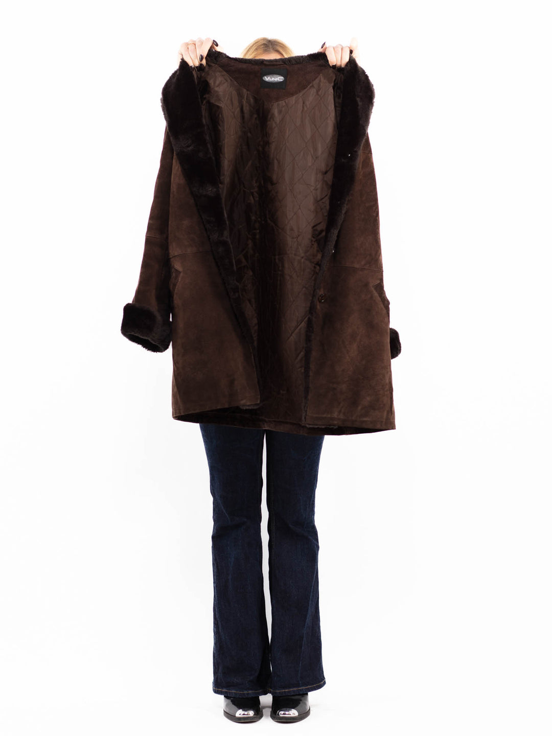 Vintage 90's Women Suede Sherpa Coat in Brown