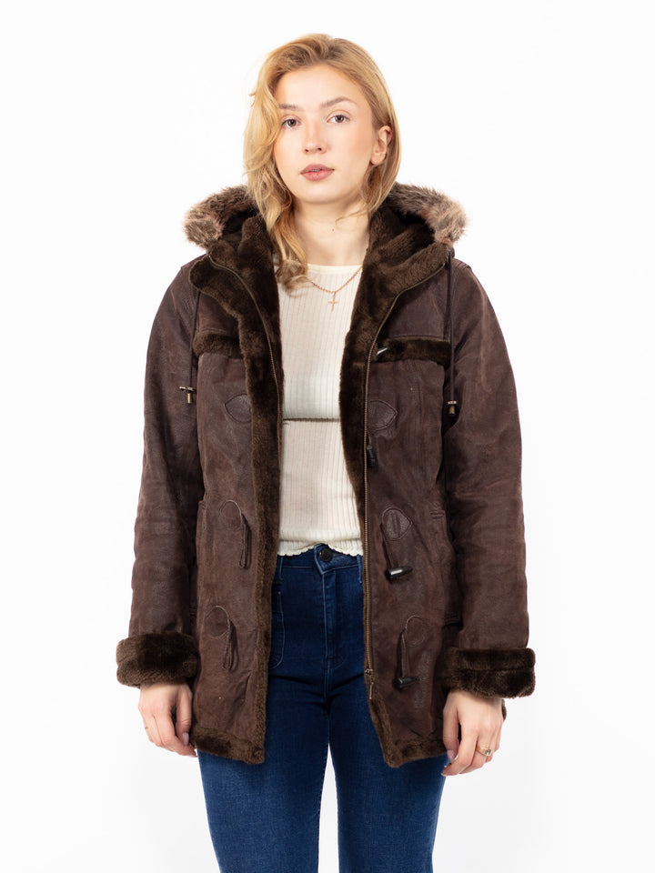 Vintage 90's Women Hooded Suede Sherpa Coat in Brown