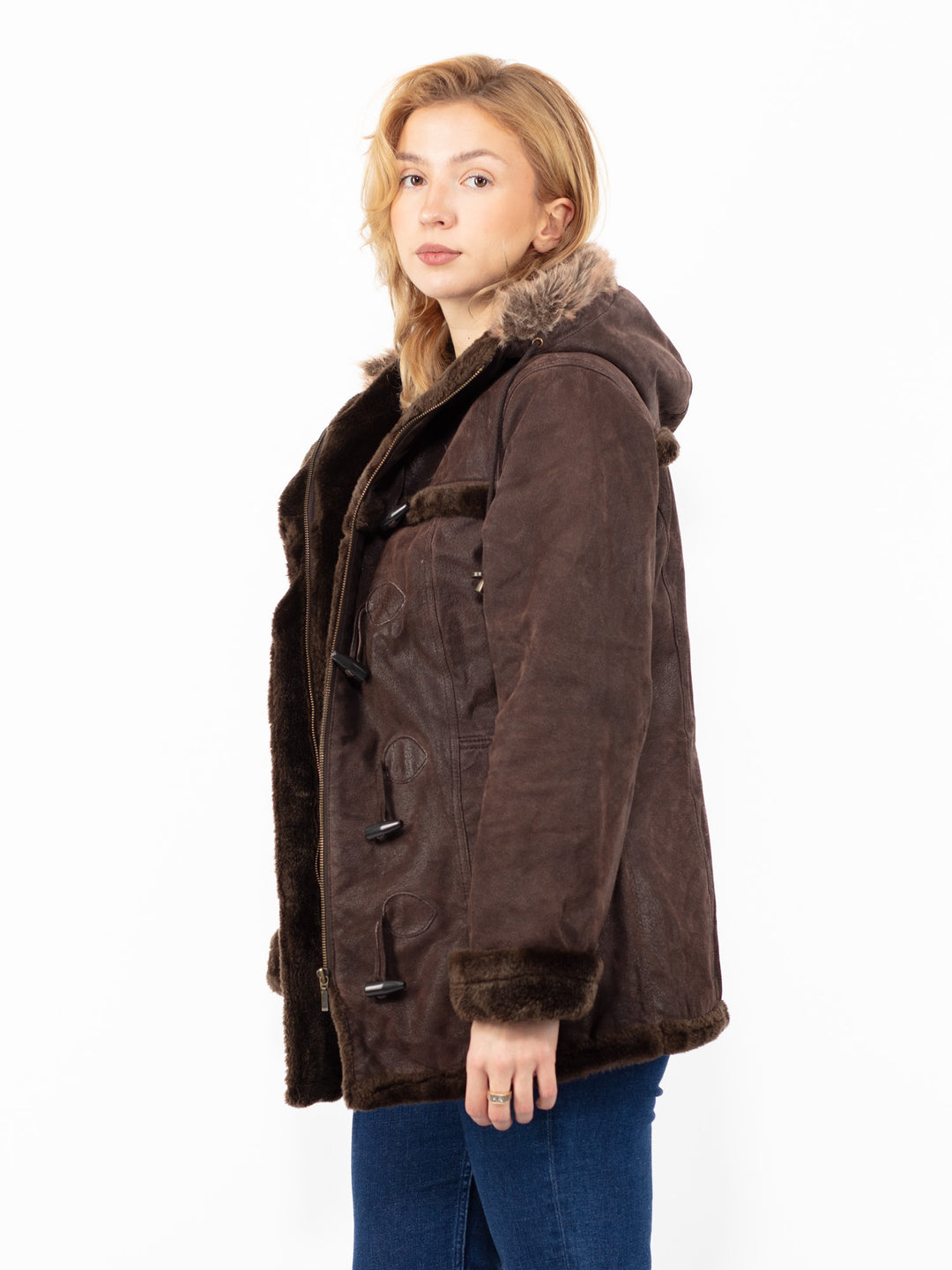 Vintage 90's Women Hooded Suede Sherpa Coat in Brown