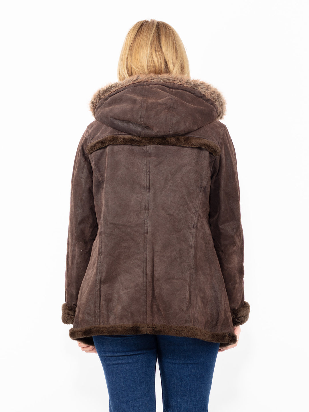 Vintage 90's Women Hooded Suede Sherpa Coat in Brown
