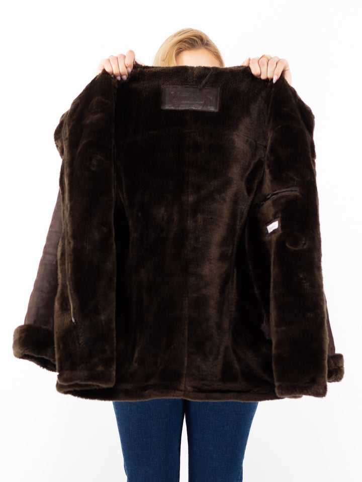 Vintage 90's Women Hooded Suede Sherpa Coat in Brown