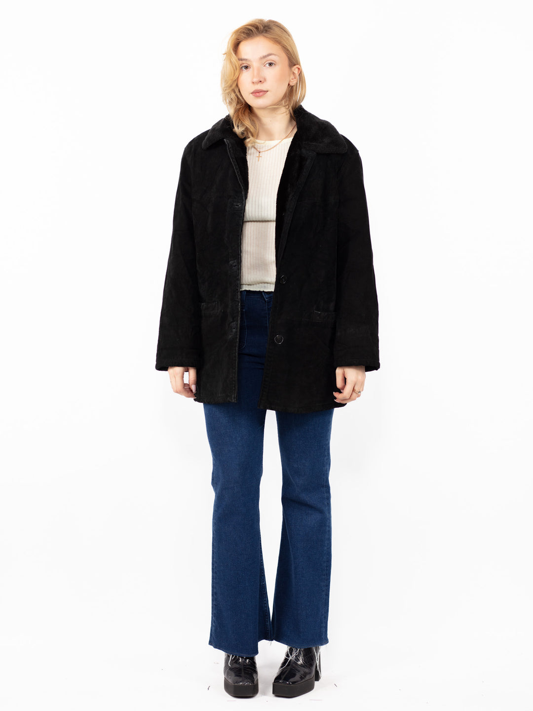 Vintage 90's Women Suede Sherpa Coat in BlackA0823