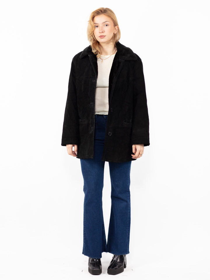 Vintage 90's Women Suede Sherpa Coat in BlackA0823