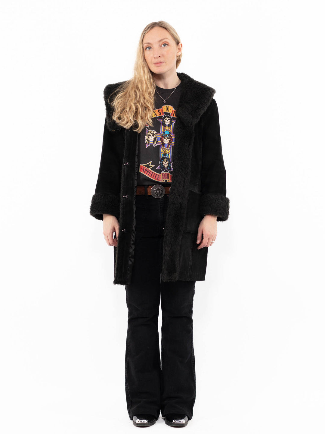 Vintage 90's Women Suede Sherpa Coat in BlackA0952