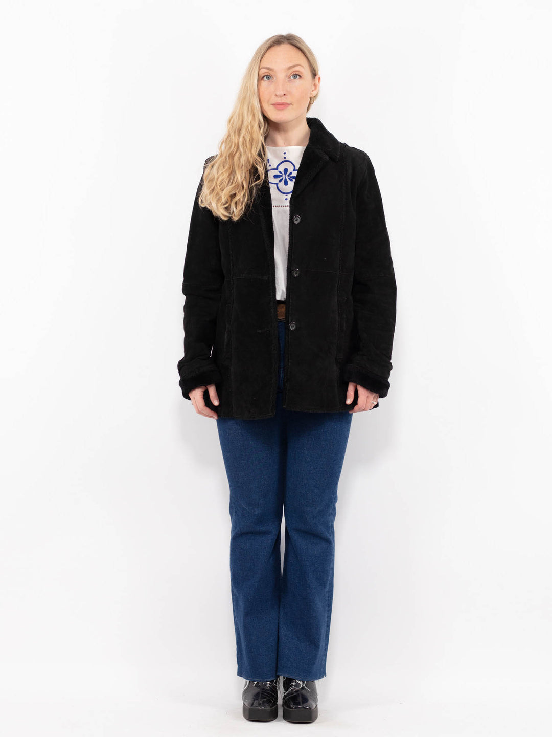 Vintage 90's Women Suede Sherpa Coat in BlackA1065