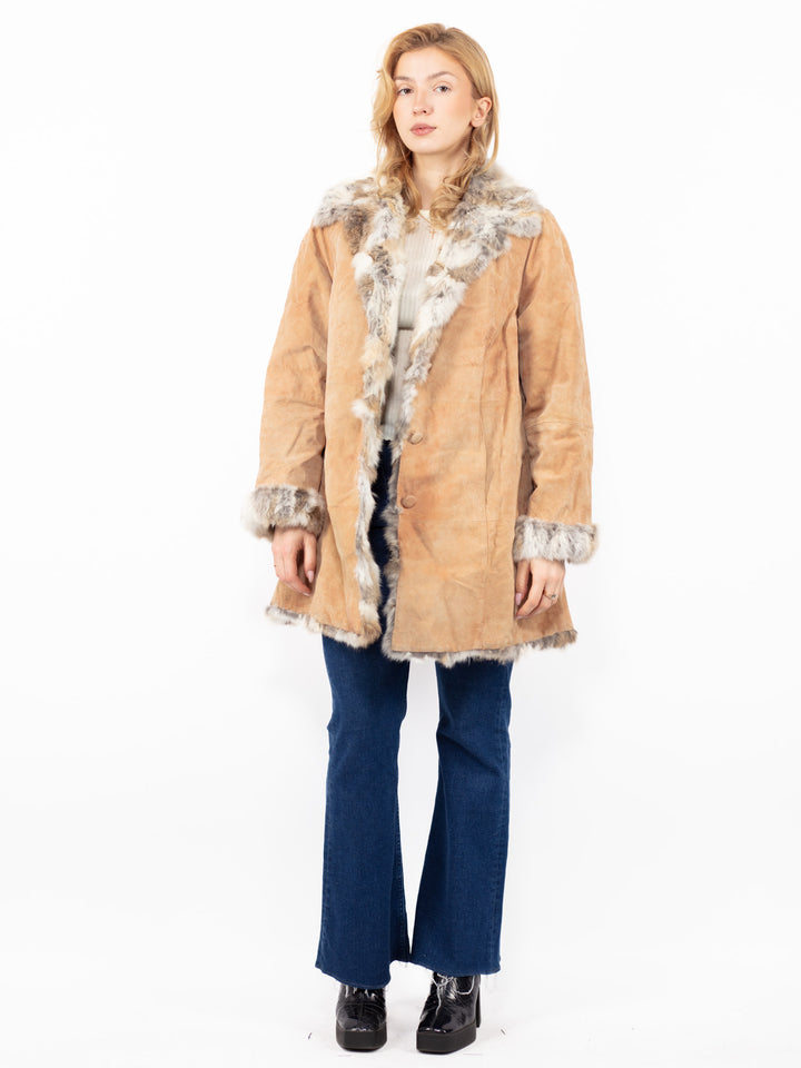 Vintage 90's Penny Lane Suede Fur Coat in Beige