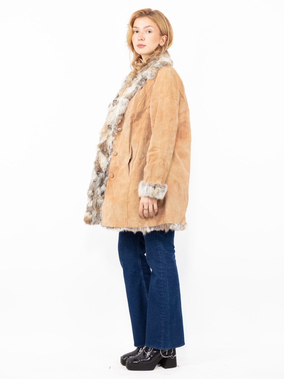 Vintage 90's Penny Lane Suede Fur Coat in Beige