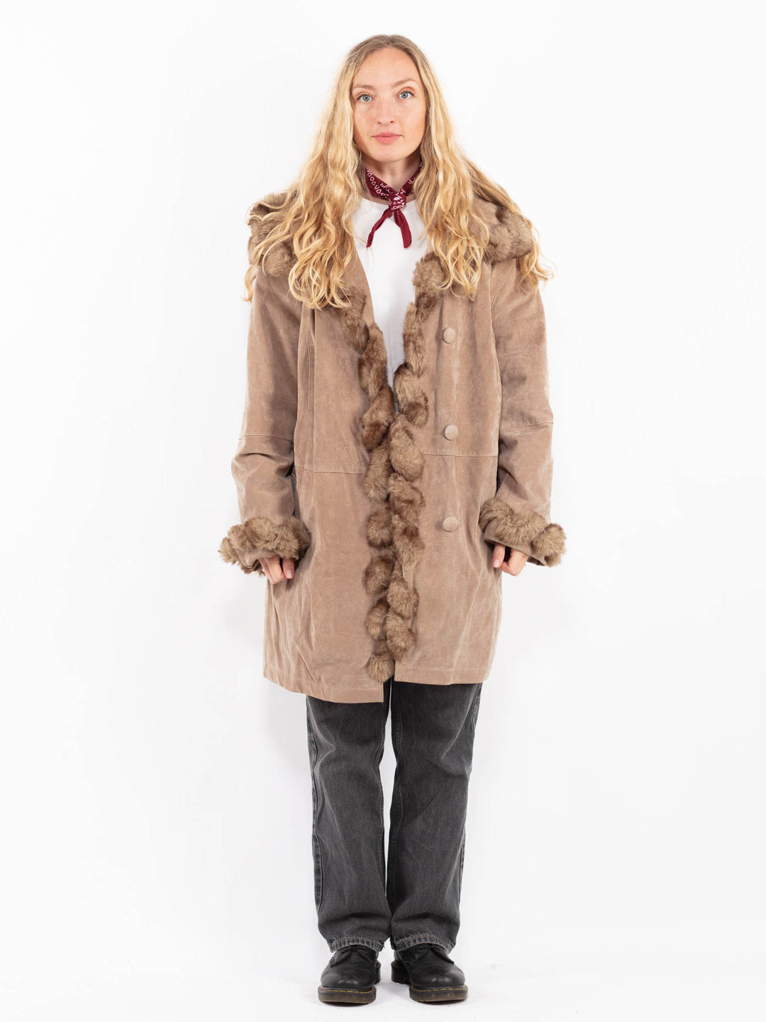 Vintage 90's Women Suede Sherpa Coat in BeigeA0688