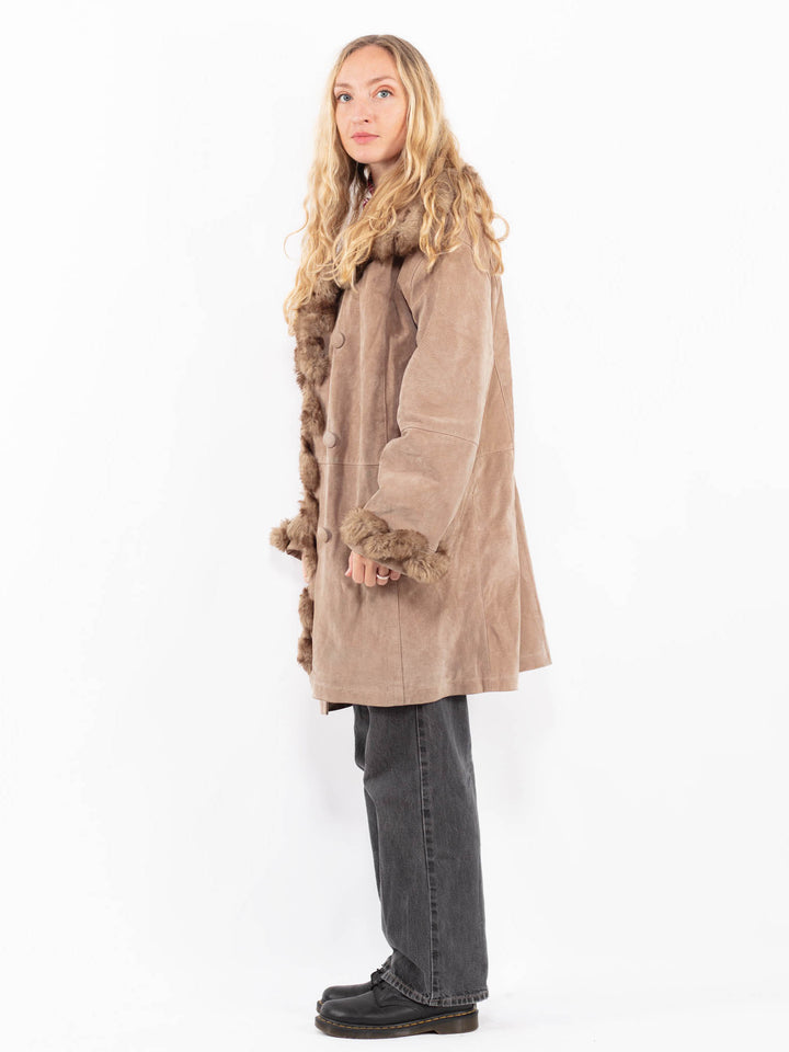 Vintage 90's Women Suede Sherpa Coat in BeigeA0688