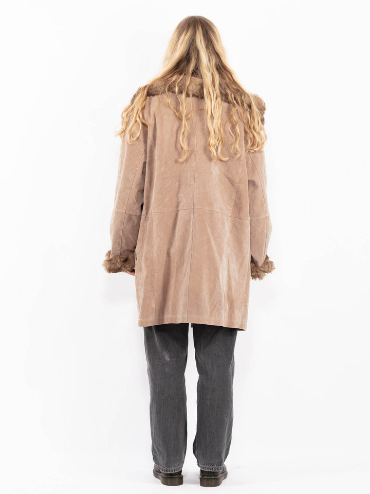 Vintage 90's Women Suede Sherpa Coat in BeigeA0688