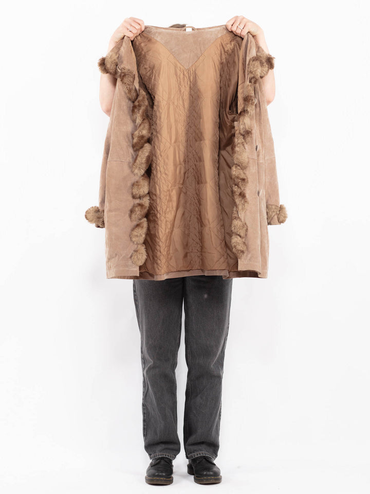Vintage 90's Women Suede Sherpa Coat in BeigeA0688