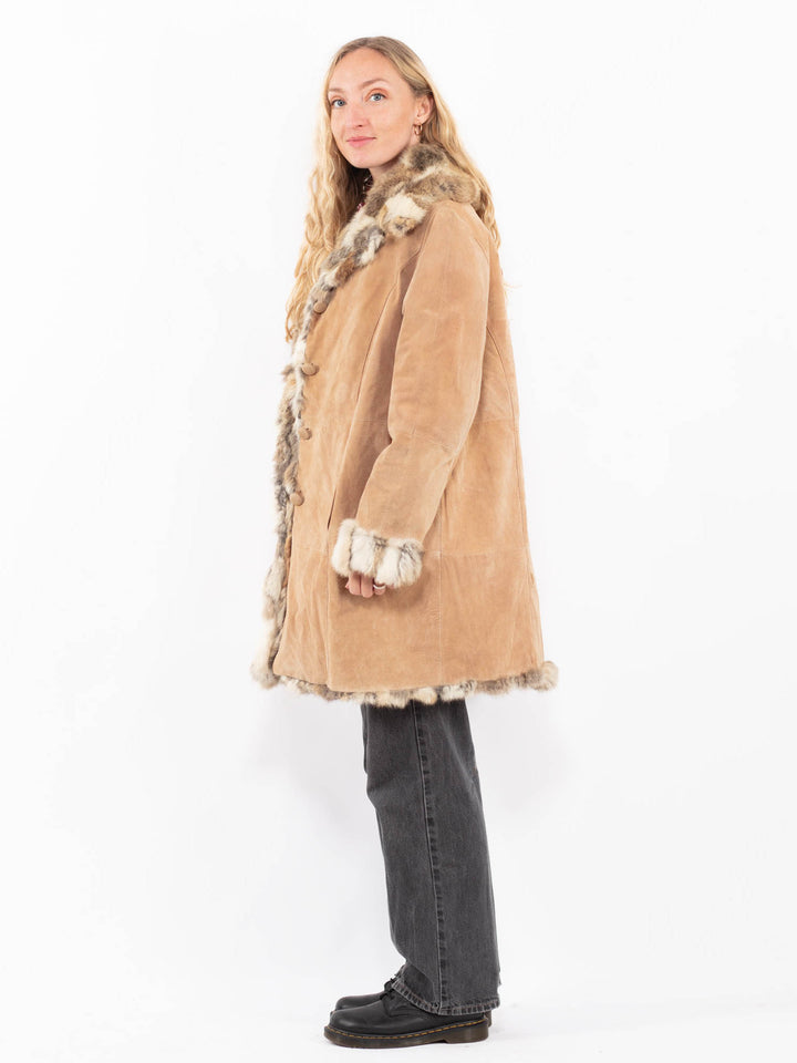 Vintage 90's Penny Lane Suede Fur Coat in Beige