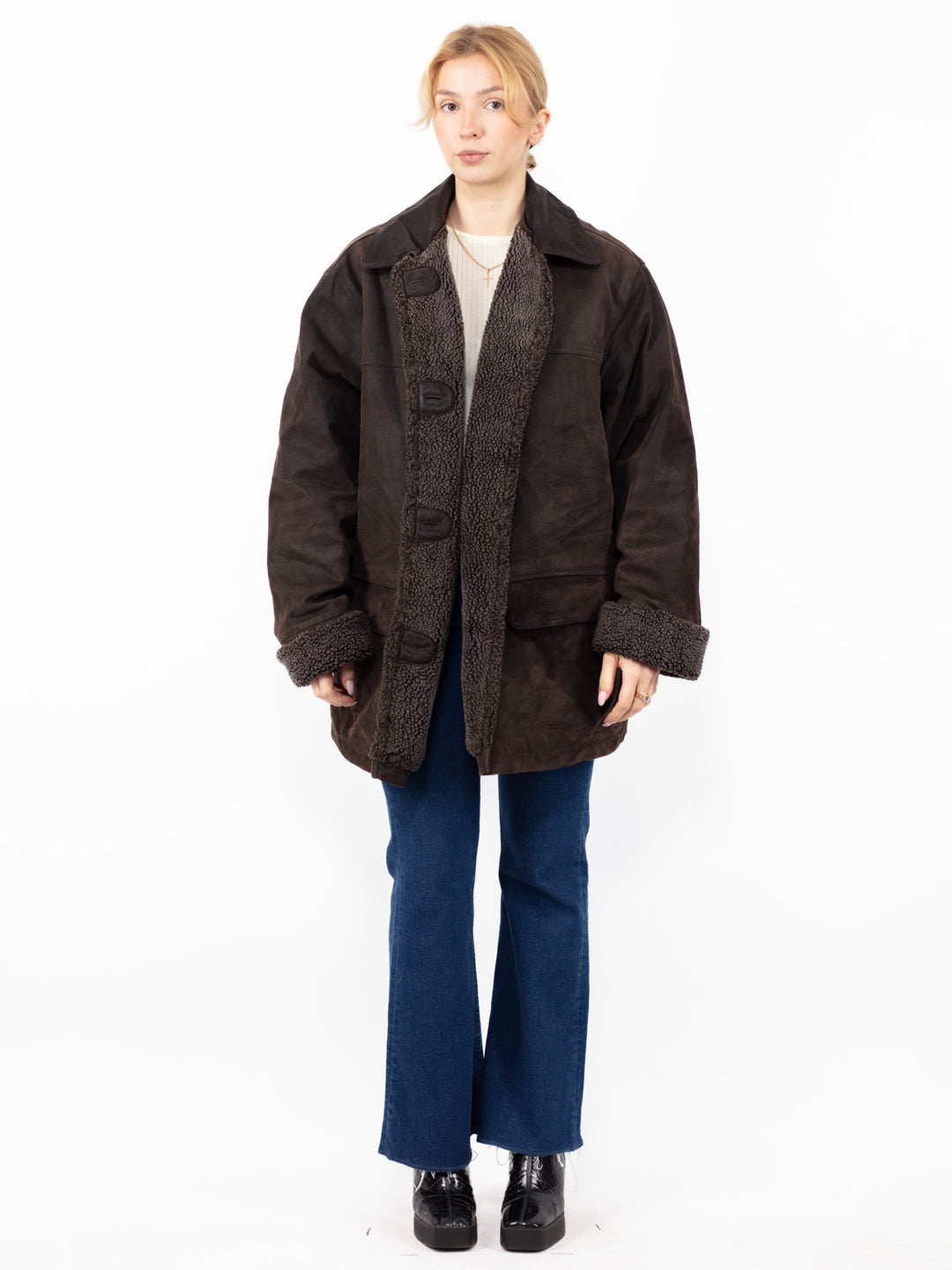 Vintage 90's Women Suede Sherpa Coat in BrownA0855