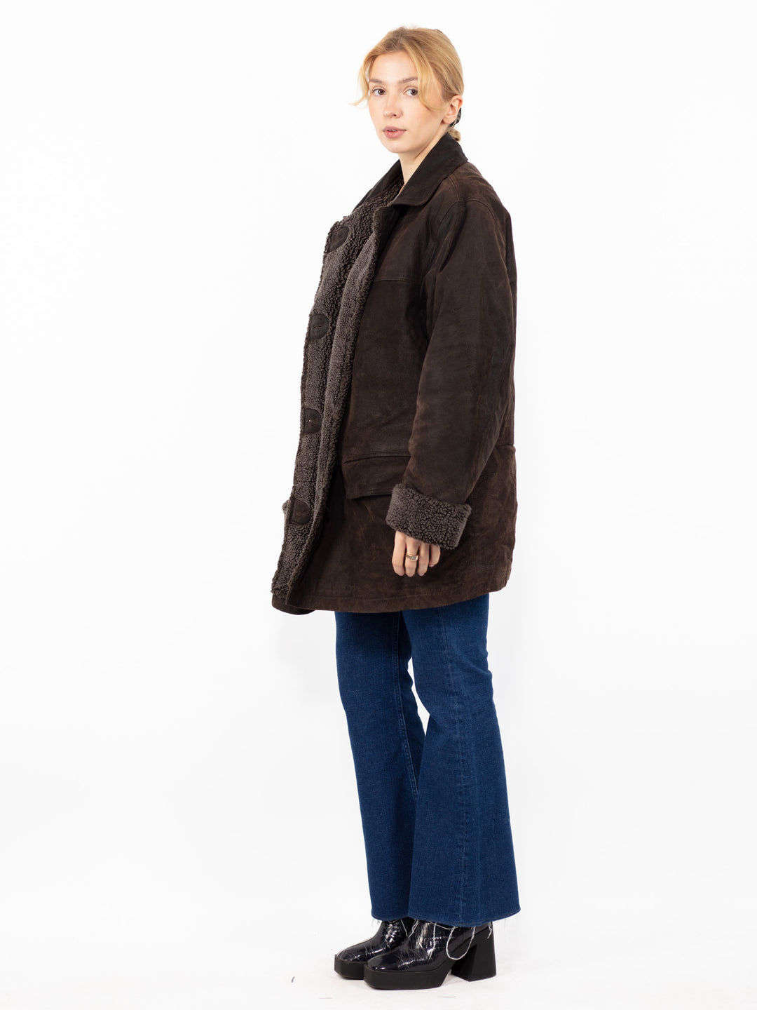 Vintage 90's Women Suede Sherpa Coat in BrownA0855