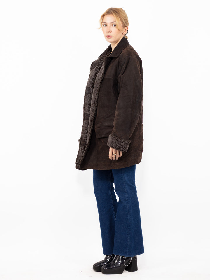 Vintage 90's Women Suede Sherpa Coat in BrownA0855