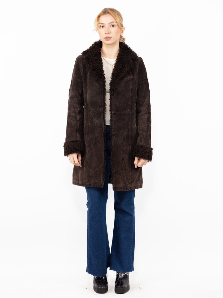 Vintage 90's Women Suede Sherpa Coat in Brown