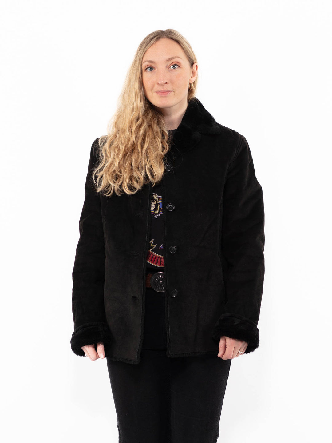 Vintage 90's Women Suede Sherpa Jacket in BlackA0882