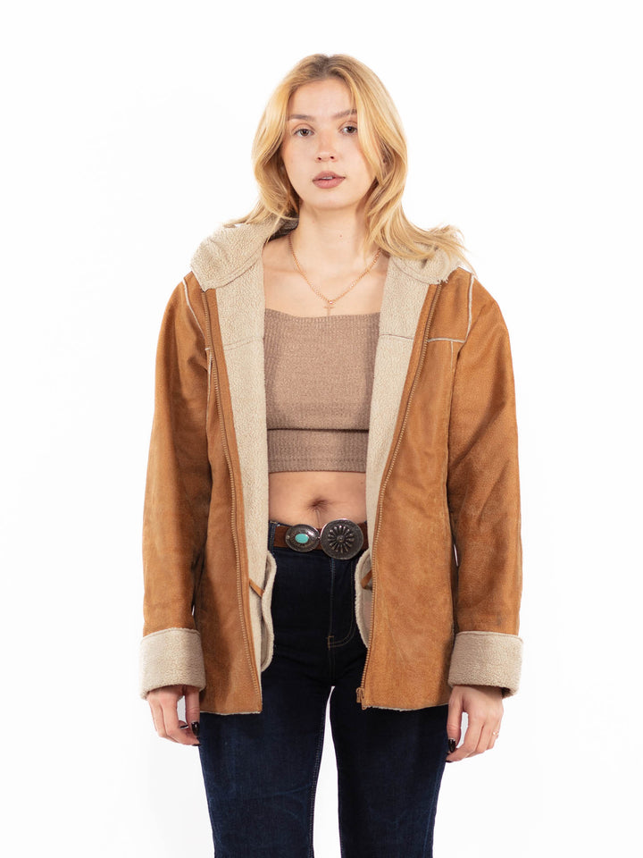 Vintage 90's Women Hooded Suede Sherpa Jacket in Brown