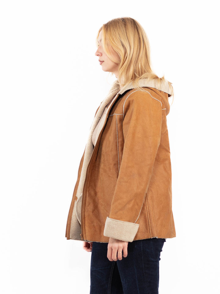 Vintage 90's Women Hooded Suede Sherpa Jacket in Brown