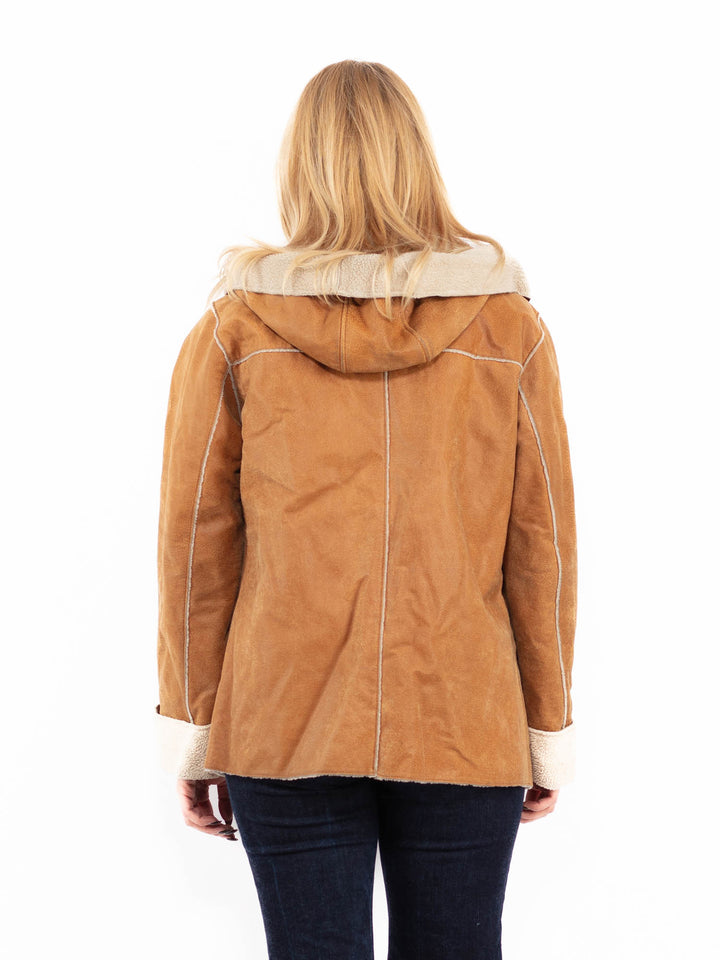 Vintage 90's Women Hooded Suede Sherpa Jacket in Brown