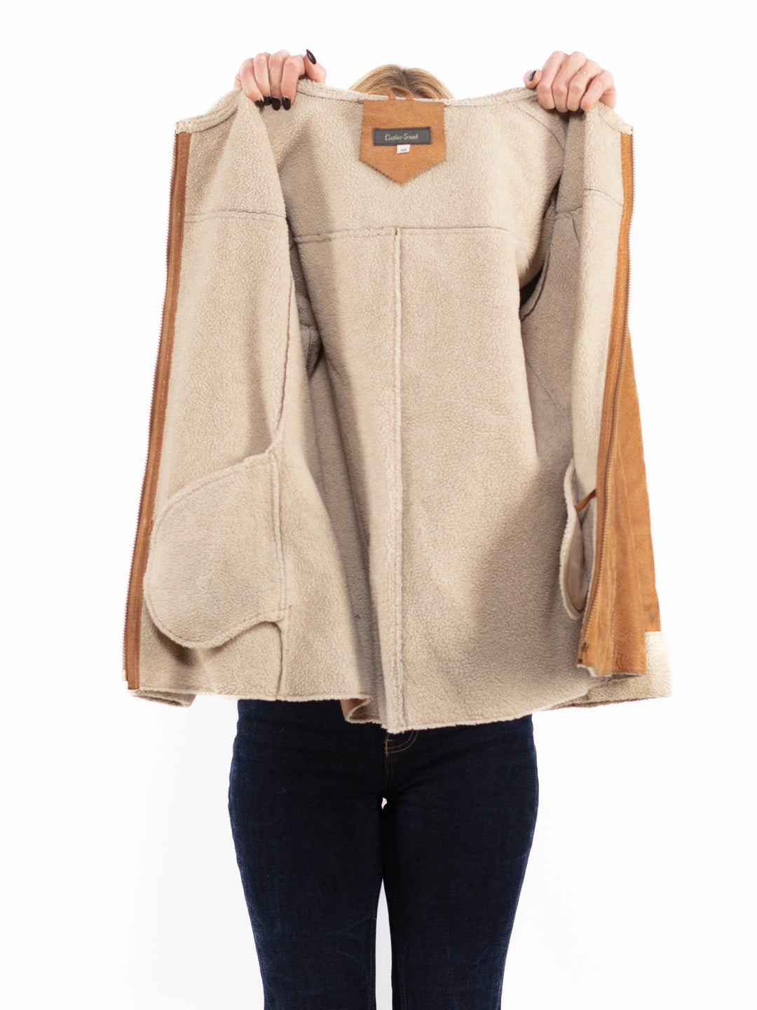 Vintage 90's Women Hooded Suede Sherpa Jacket in Brown