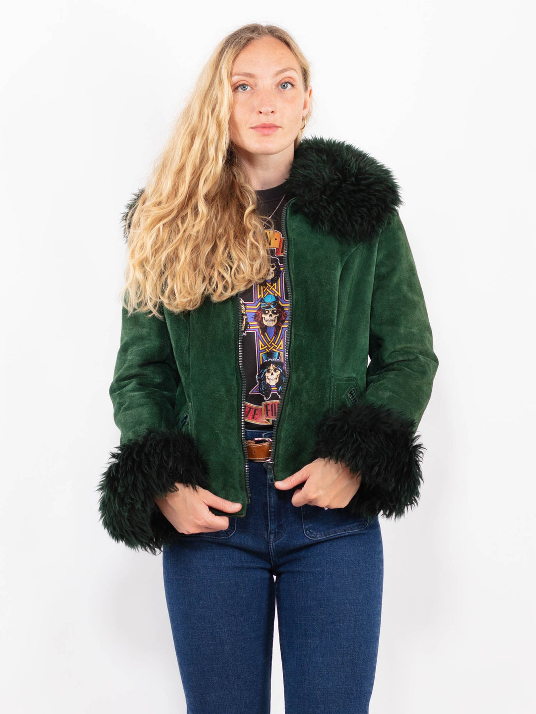 Vintage 90's Women Suede Sherpa Jacket in GreenA0389
