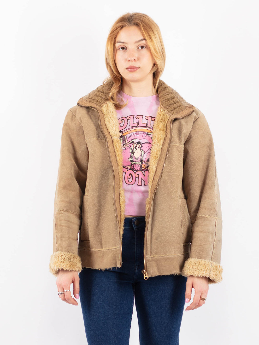Vintage 90's Women Suede Sherpa Jacket in BeigeV9568