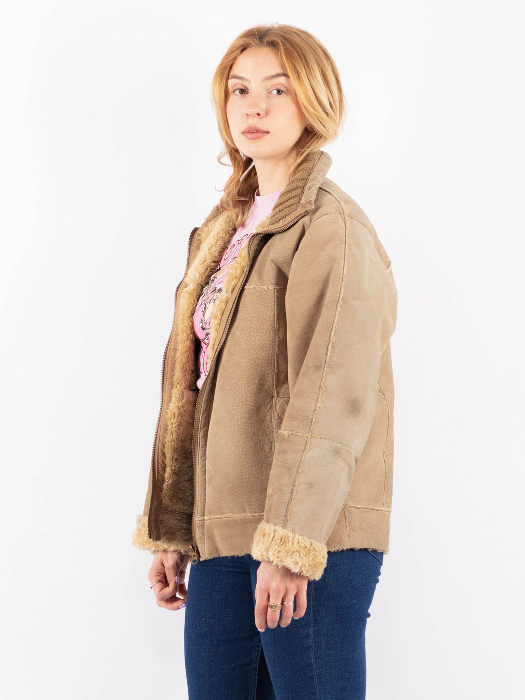 Vintage 90's Women Suede Sherpa Jacket in BeigeV9568