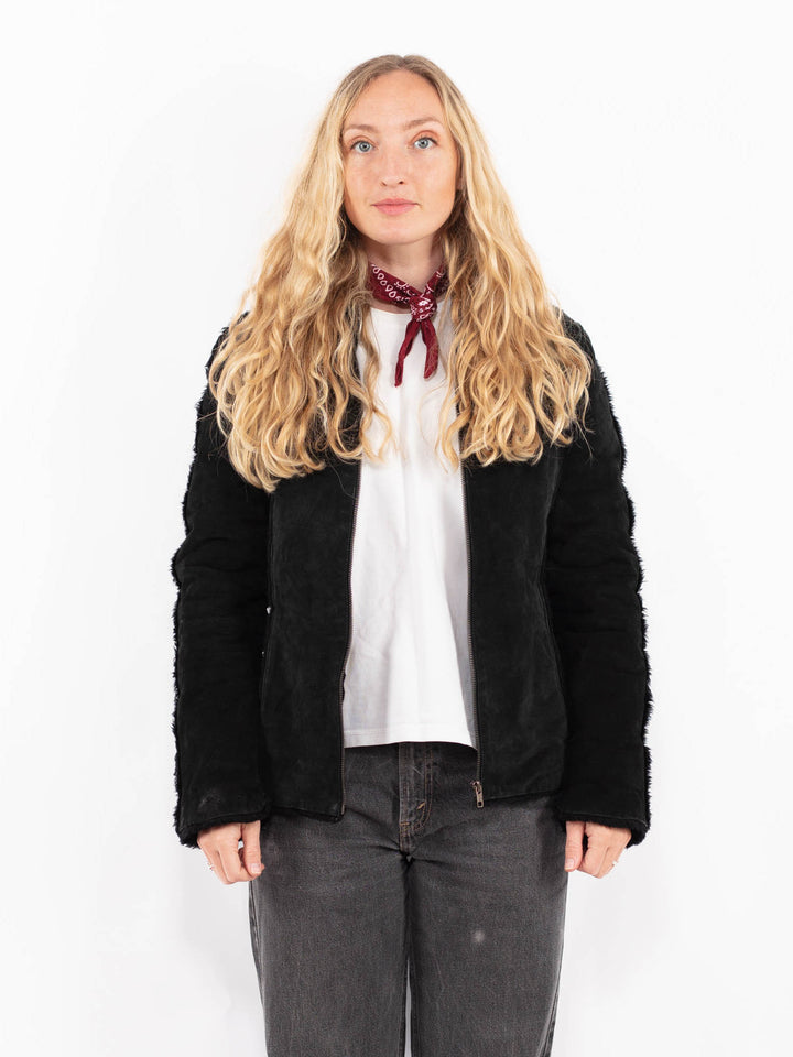 Vintage 90's Women Suede Sherpa Jacket in BlackA0685