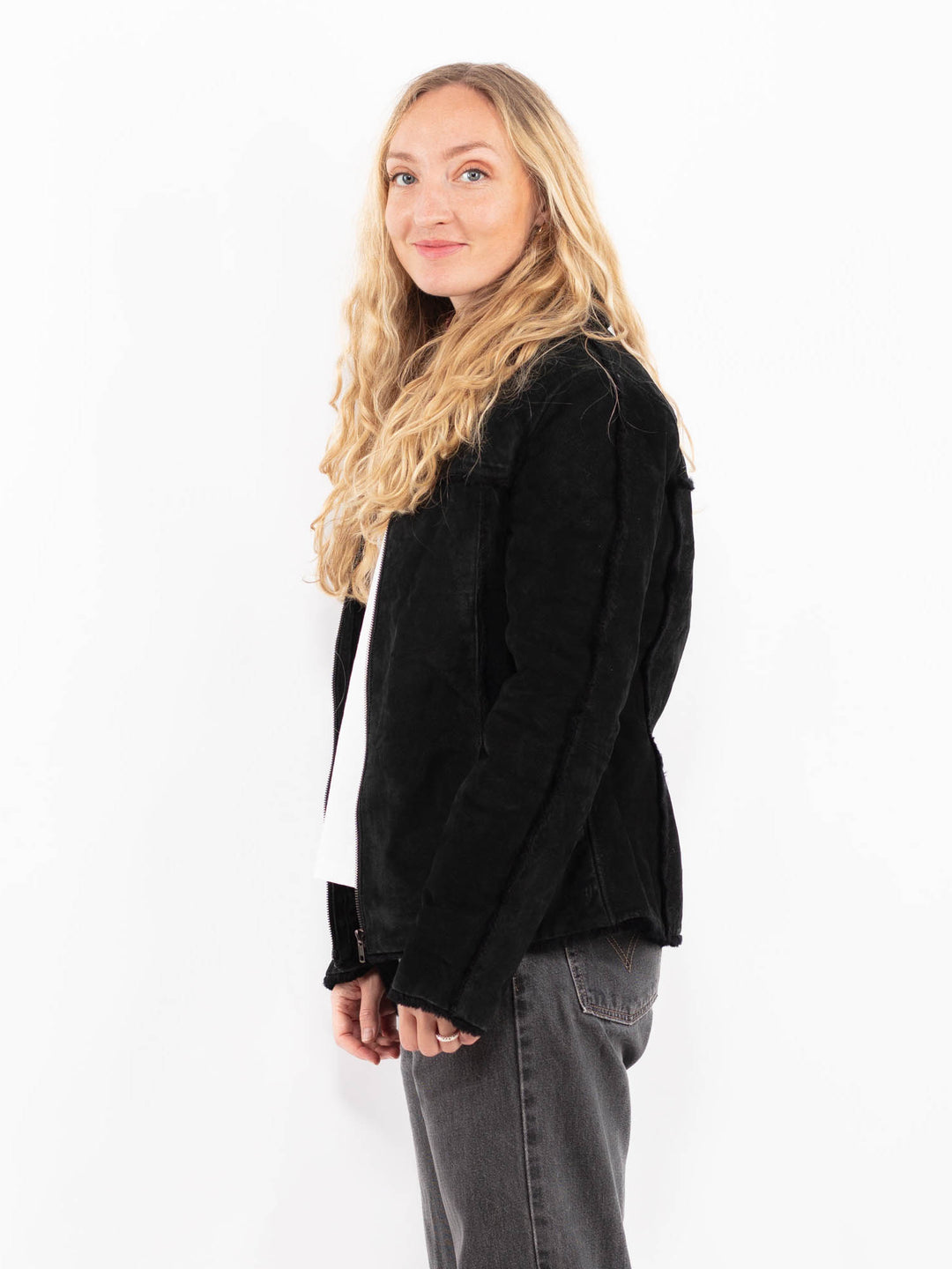 Vintage 90's Women Suede Sherpa Jacket in BlackA0685