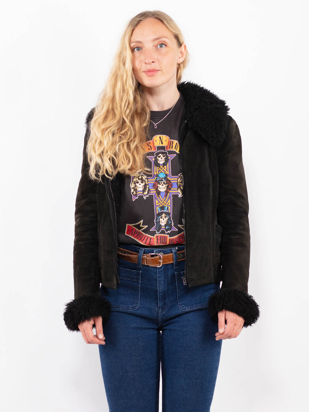 Vintage 90's Women Suede Sherpa Jacket in BlackA0459