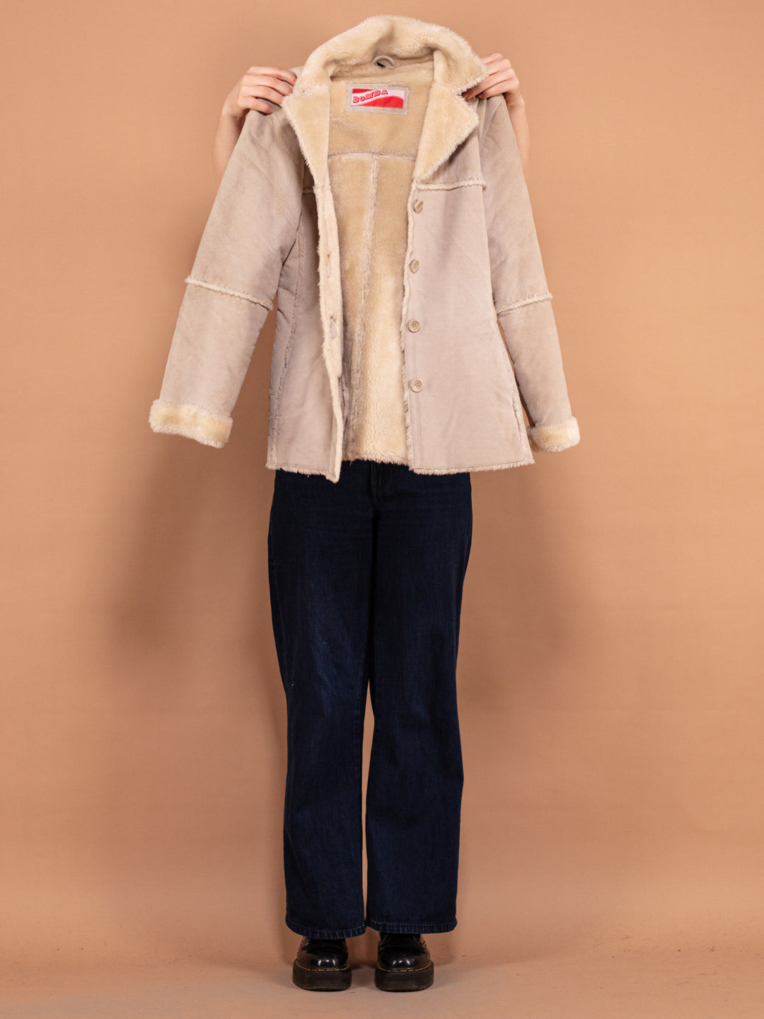 Beige Suede Sherpa Coat 90s, Size Small, Y2K Penny Lane Style Coat, Faux Fur Lined Casual Boho Coat, Women Winter Wear, 00's Clothing