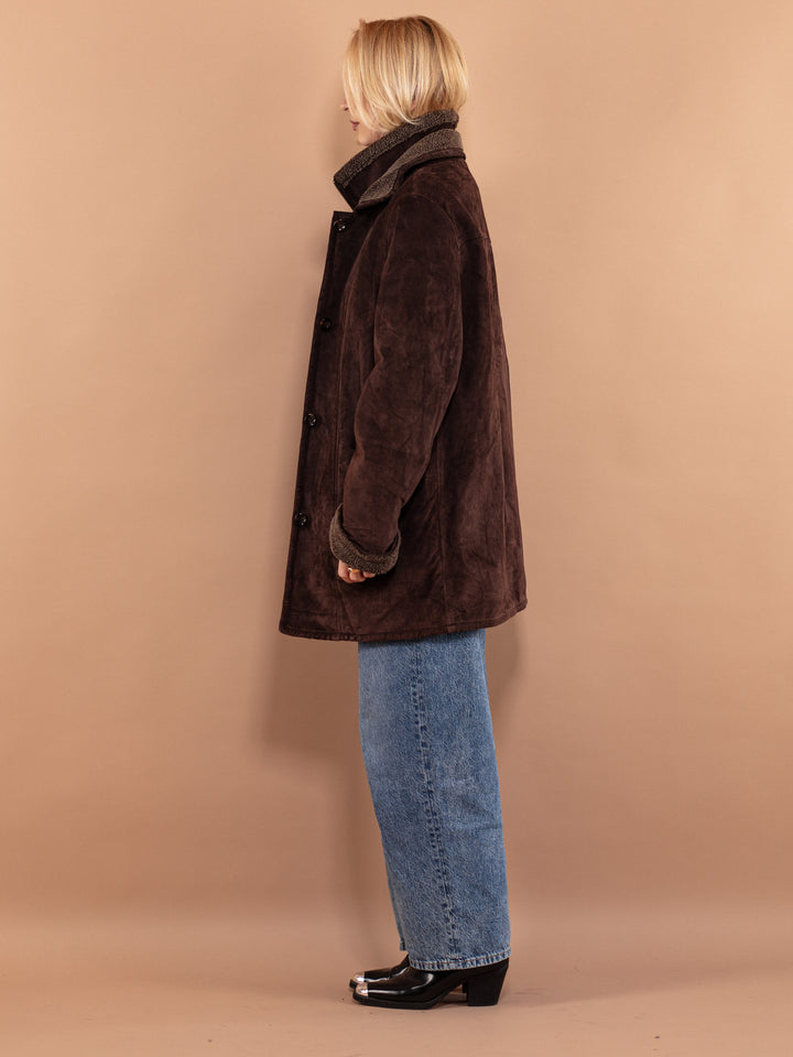 Suede Sherpa Coat 90's, Size L, Women Oversized Winter Coat, Vintage Faux Shearling Coat, Brown Suede Overcoat, 90s Outerwear